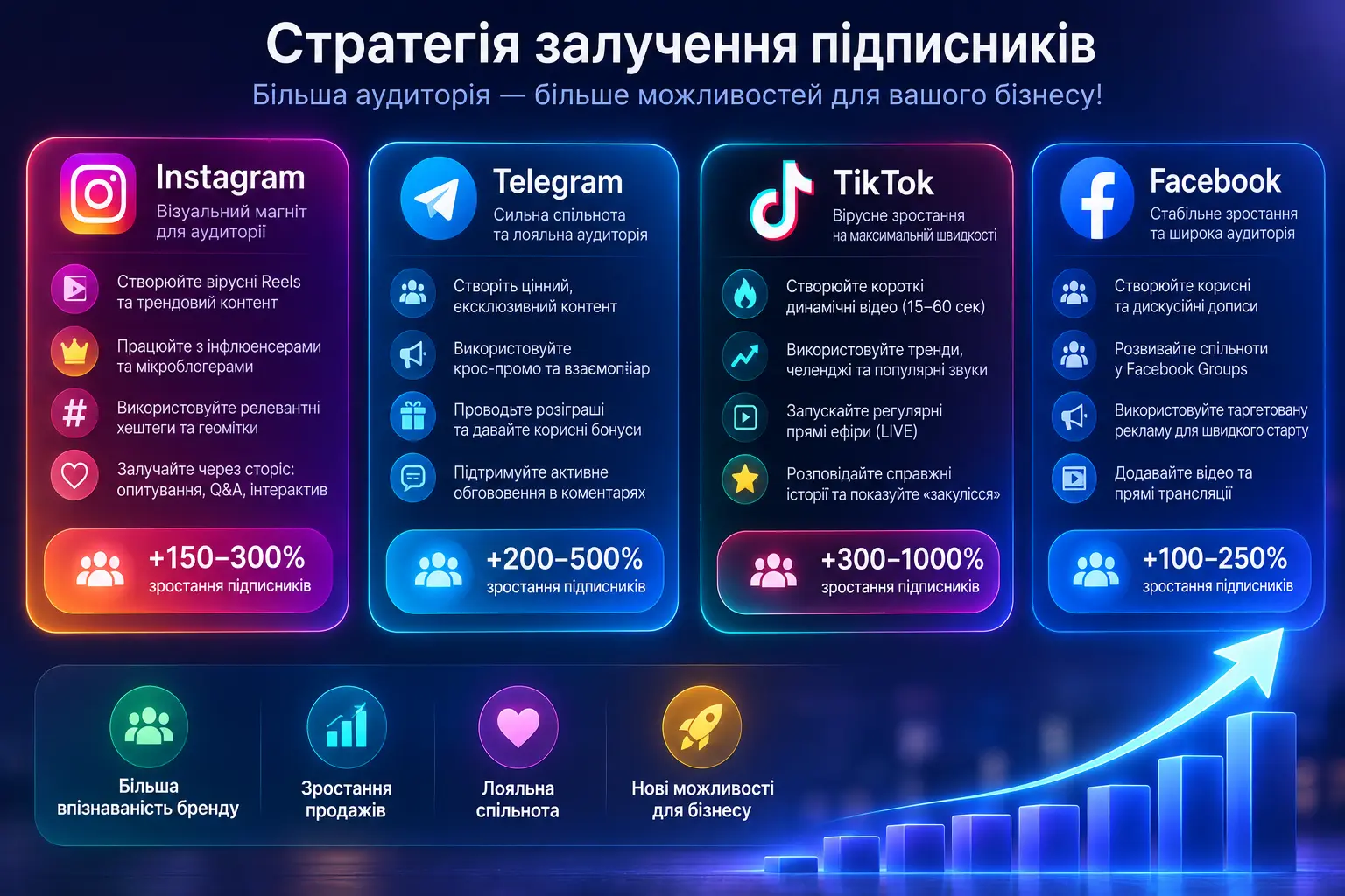 Стратегія залучення підписників для Instagram, Telegram, TikTok та Facebook