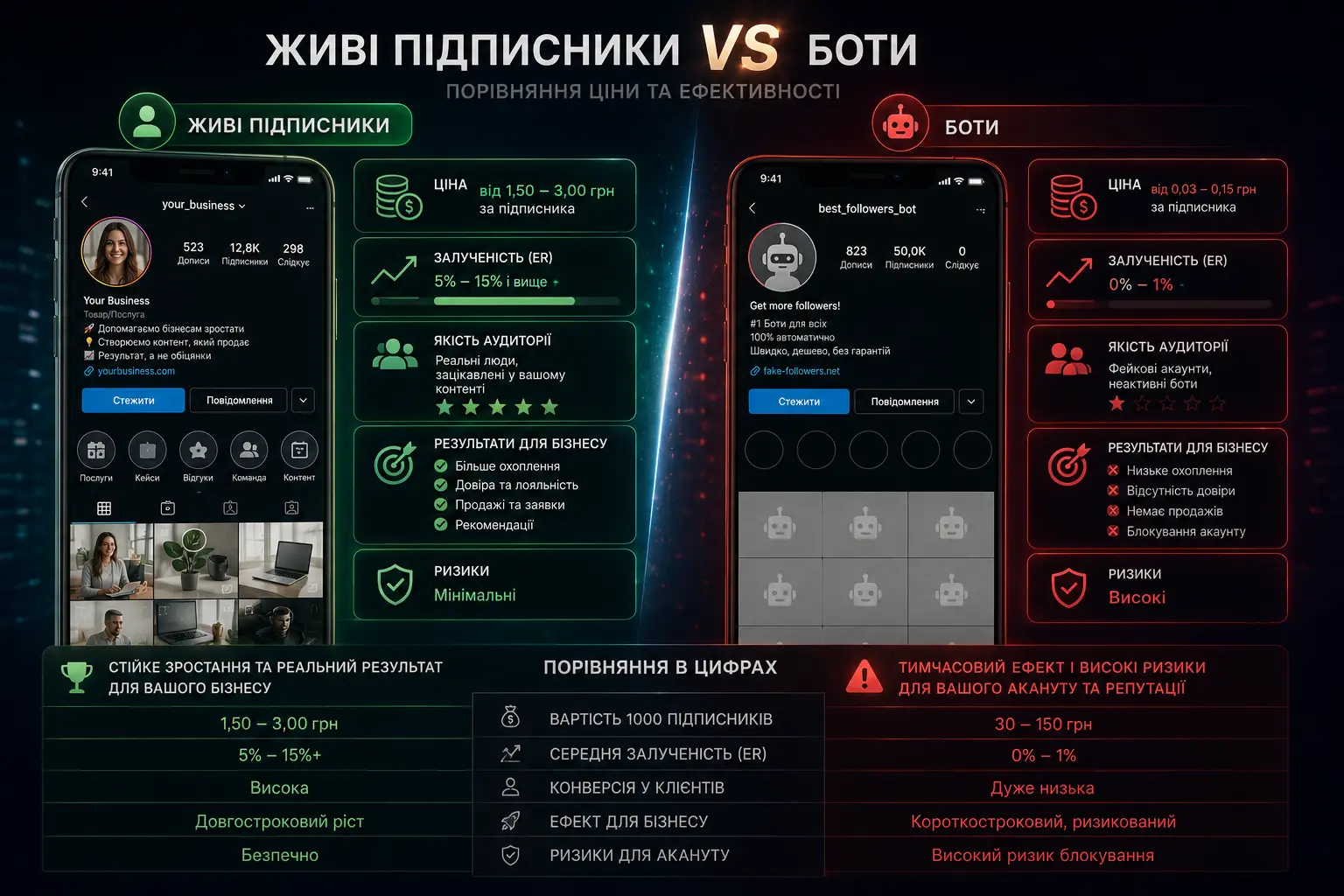 Порівняння цін та ефективності живих підписників проти ботів